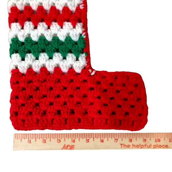 Vintage Handmade Christmas Stocking Used Crochet Red Green 70s - Picture 6 of 6